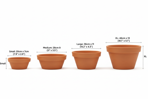 Shallow terracotta pot size guide - Small 20cm x 7cm, Medium 28cm x 9cm, Large 36cm x 11cm, XL 46cm x 13cm