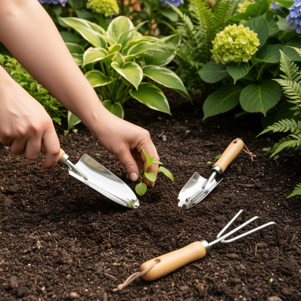 Person using premium wooden handle gardening tools - trowel, shovel and hand rake in garden soil