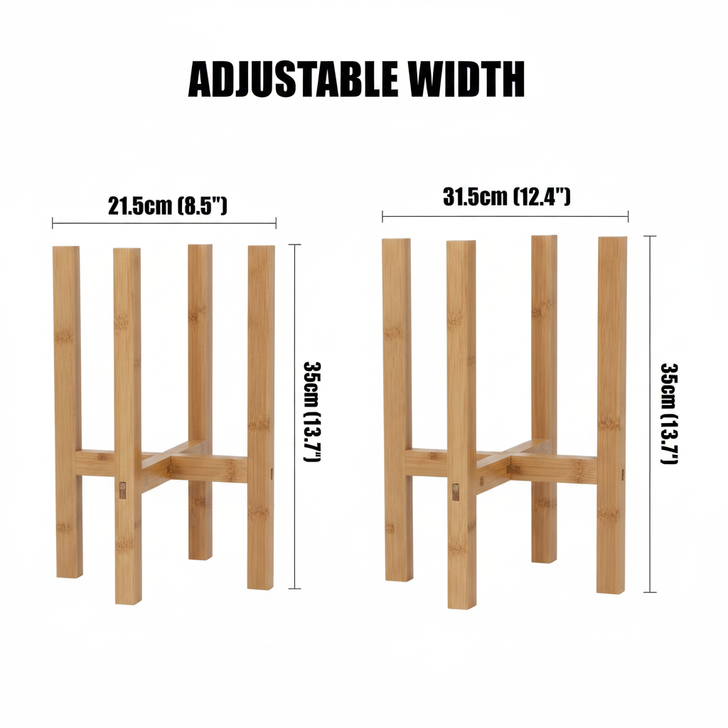 Adjustable bamboo plant stand size guide showing compact 21.5cm and stretched 31.5cm width positions