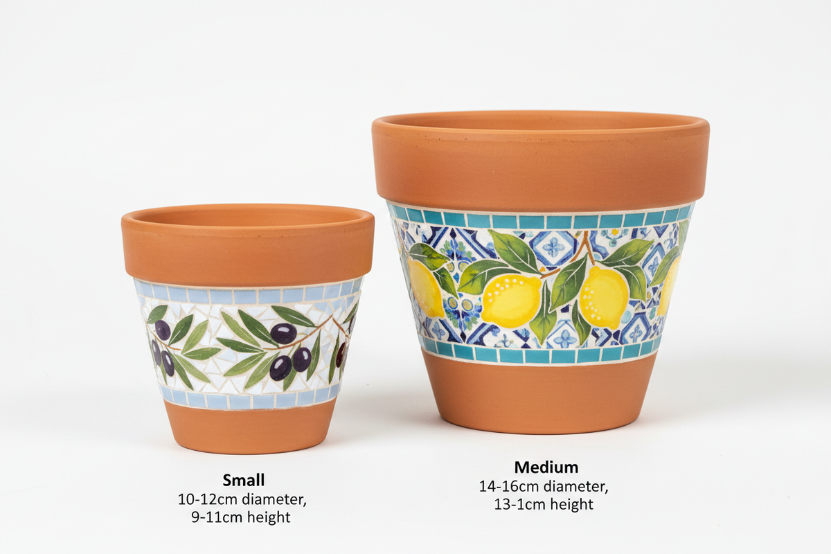 Cuore di Mosaico size guide - Small with olive mosaic belt and Medium with lemon mosaic belt, with measurements