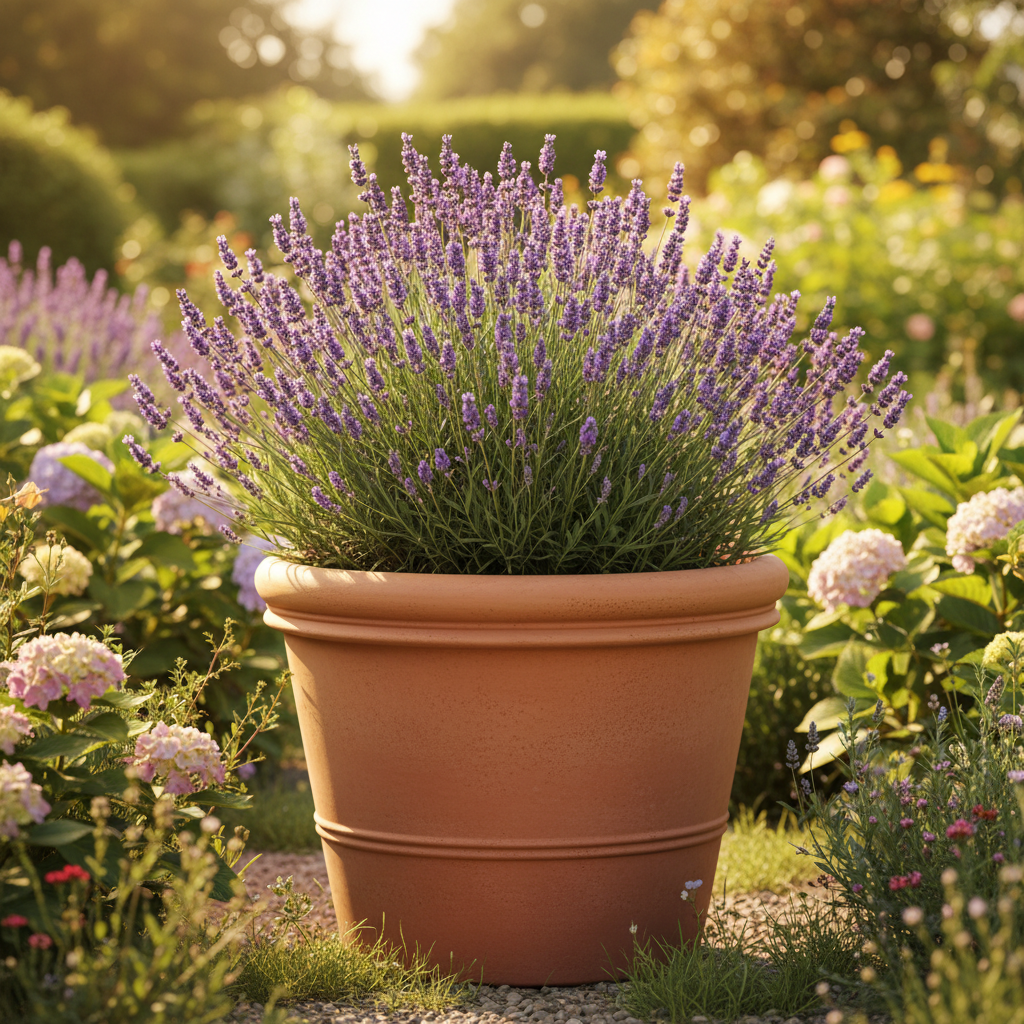 Extra large Italian terracotta plant pot with striking purple lavender in a lush English garden