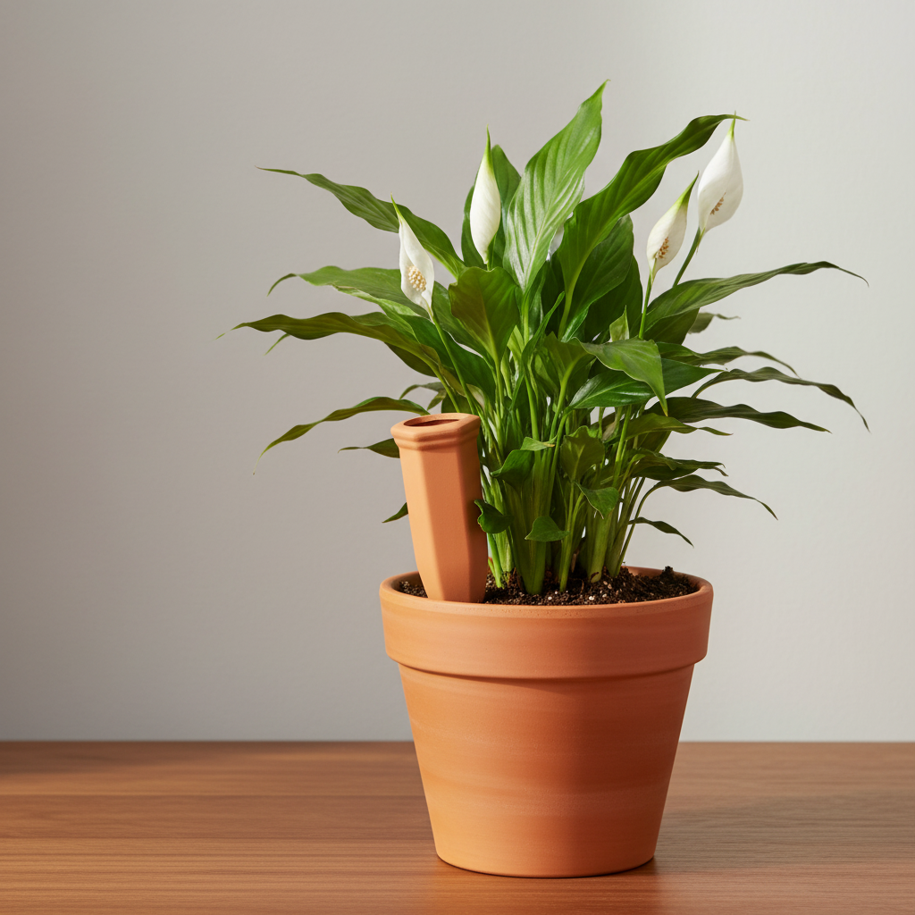 Terracotta self-watering spike pushed into moist soil in a terracotta pot with a moisture-loving plant