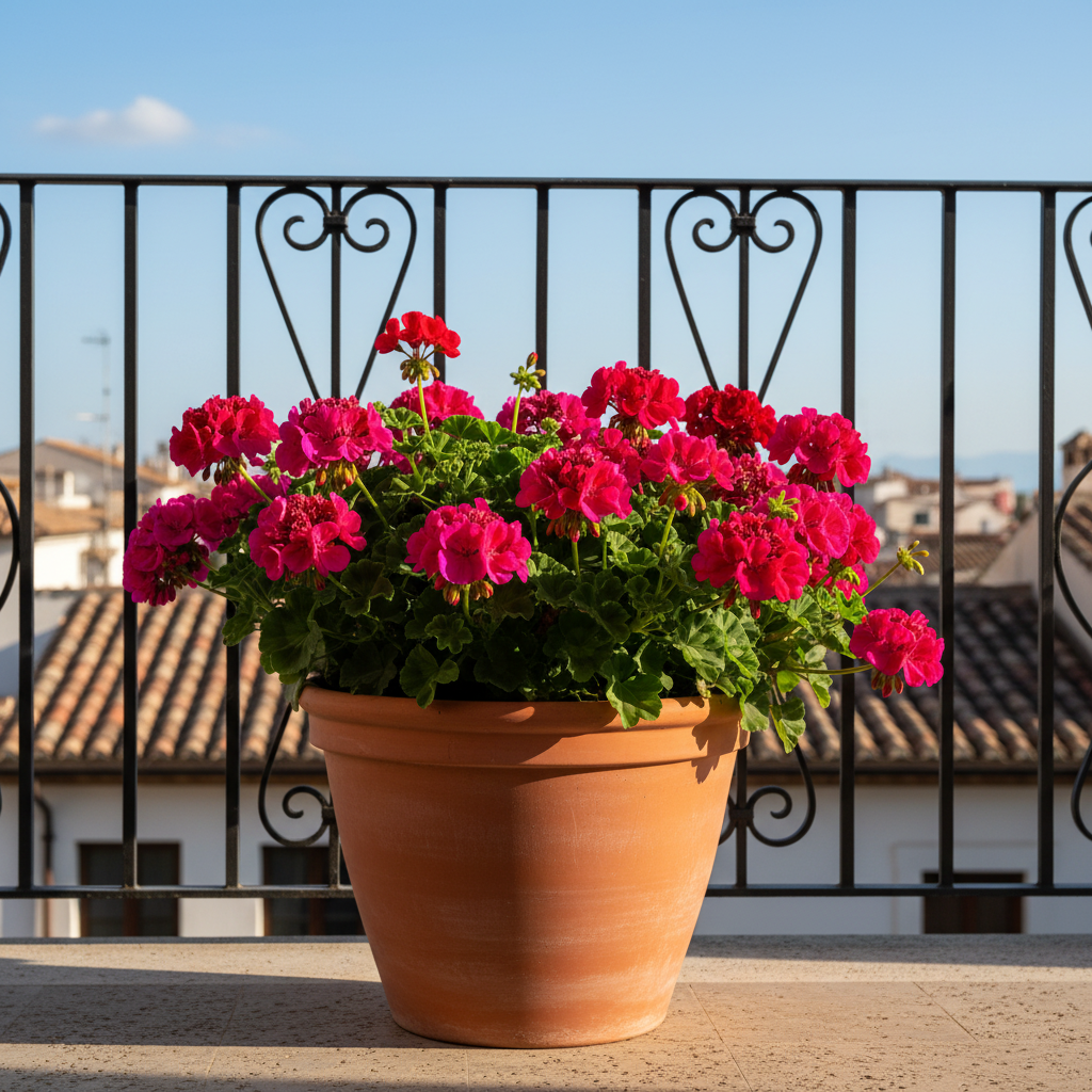 Classic Italian terracotta plant pot with vibrant geraniums on a sunny Mediterranean balcony