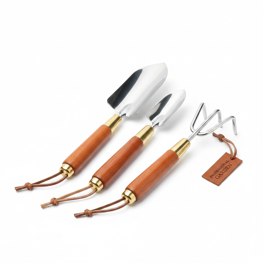 Premium 3-piece gardening hand tools set with wooden handles - trowel, shovel and hand rake