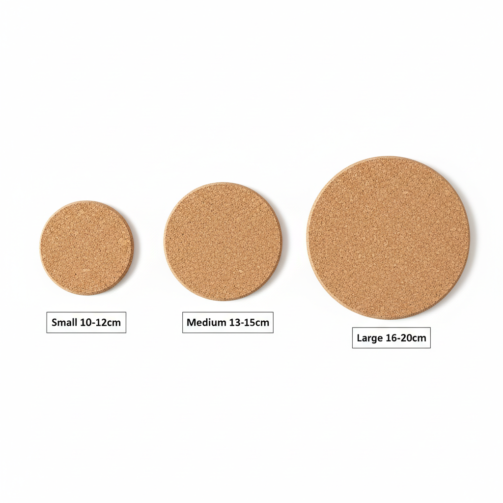 Cork protective pads in three sizes - Small 10-12cm, Medium 13-15cm, Large 16-20cm - on white background