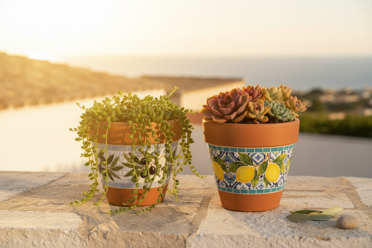 Cuore di Mosaico pots on Mediterranean terrace - string of pearls in olive mosaic pot and colourful succulents in lemon mosaic pot