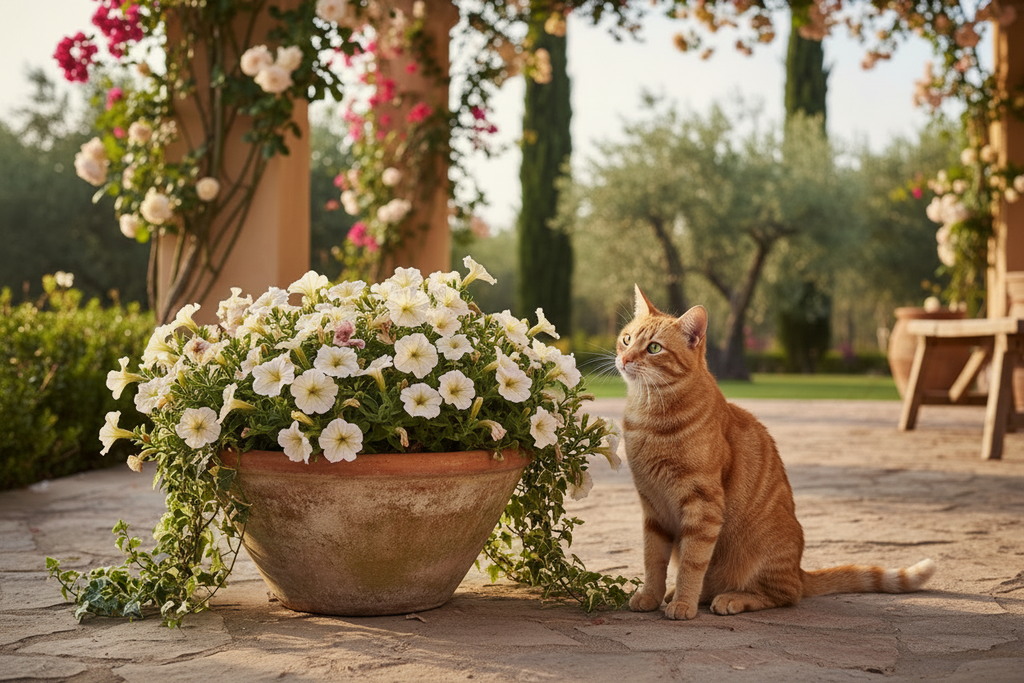 Shallow terracotta pot with flowering plant and cat