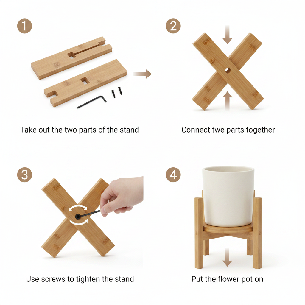 Step-by-step assembly instructions for the adjustable bamboo plant stand - 4 easy steps