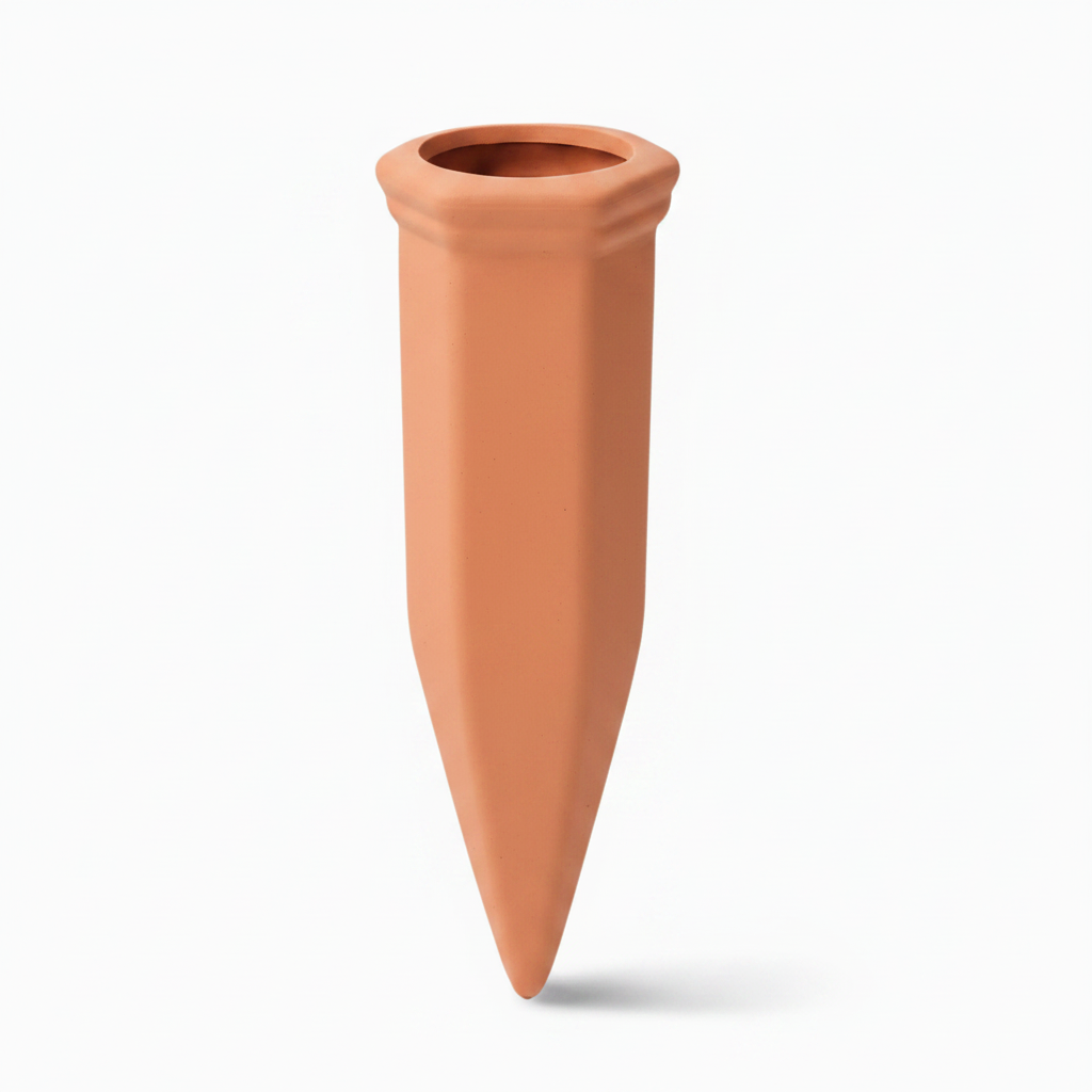Single terracotta self-watering spike on white background