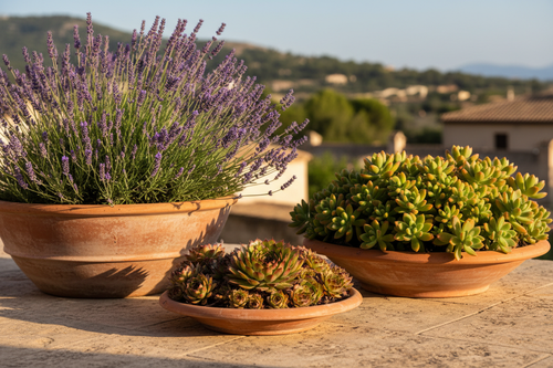 Three Shallow Terracotta Pots - Lavender, Sedum, Hens & Chicks