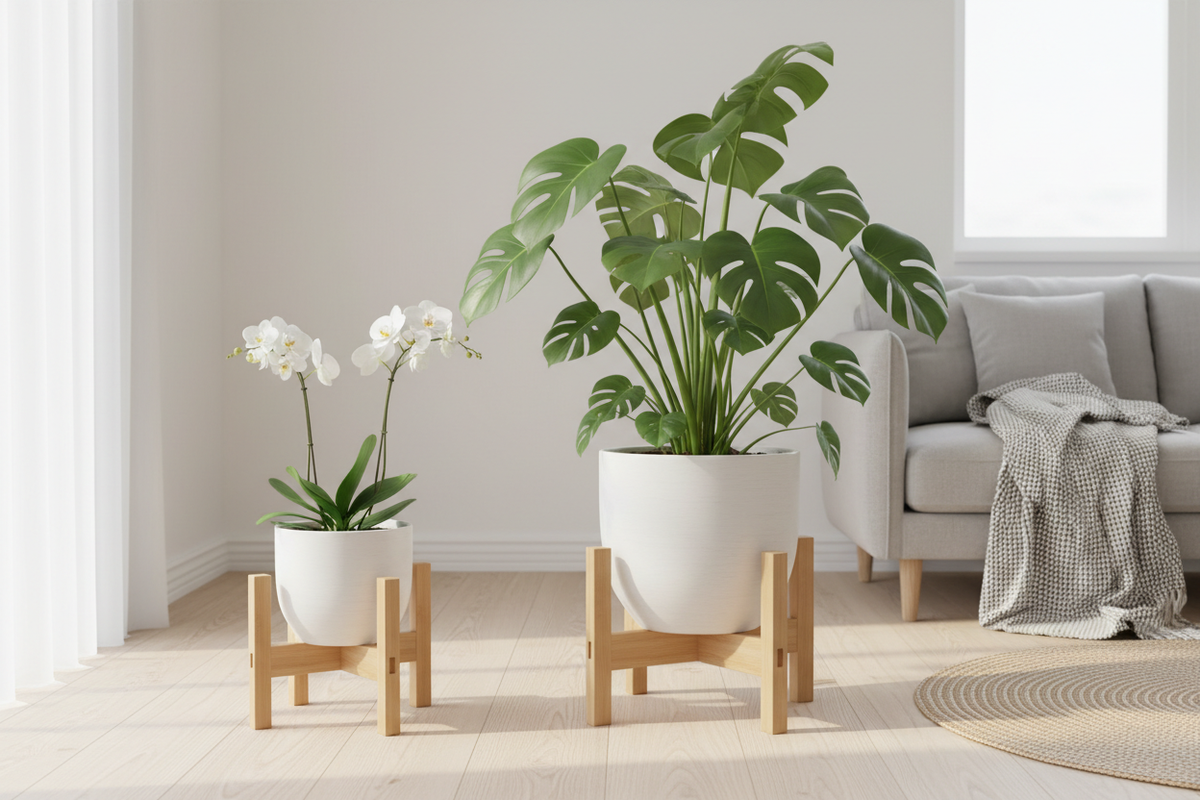 Two Bamboo Plant Stands - Small and Large Plants